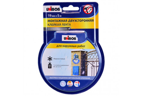 Лента клейкая монтажная для наружных работ Unibob двусторонняя 19 мм 5 м